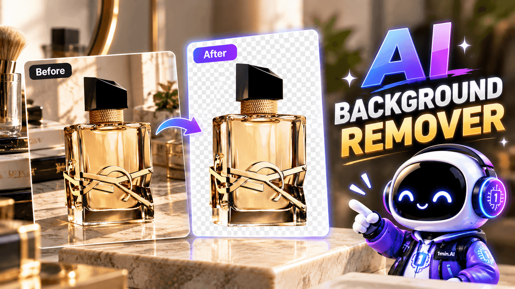 Visual demonstration of AI background removal, showing a perfume bottle before and after editing.