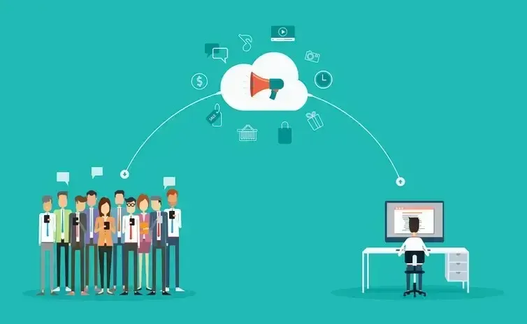 Digital marketing concept showing audience engagement, content creation, and cloud-based communication.