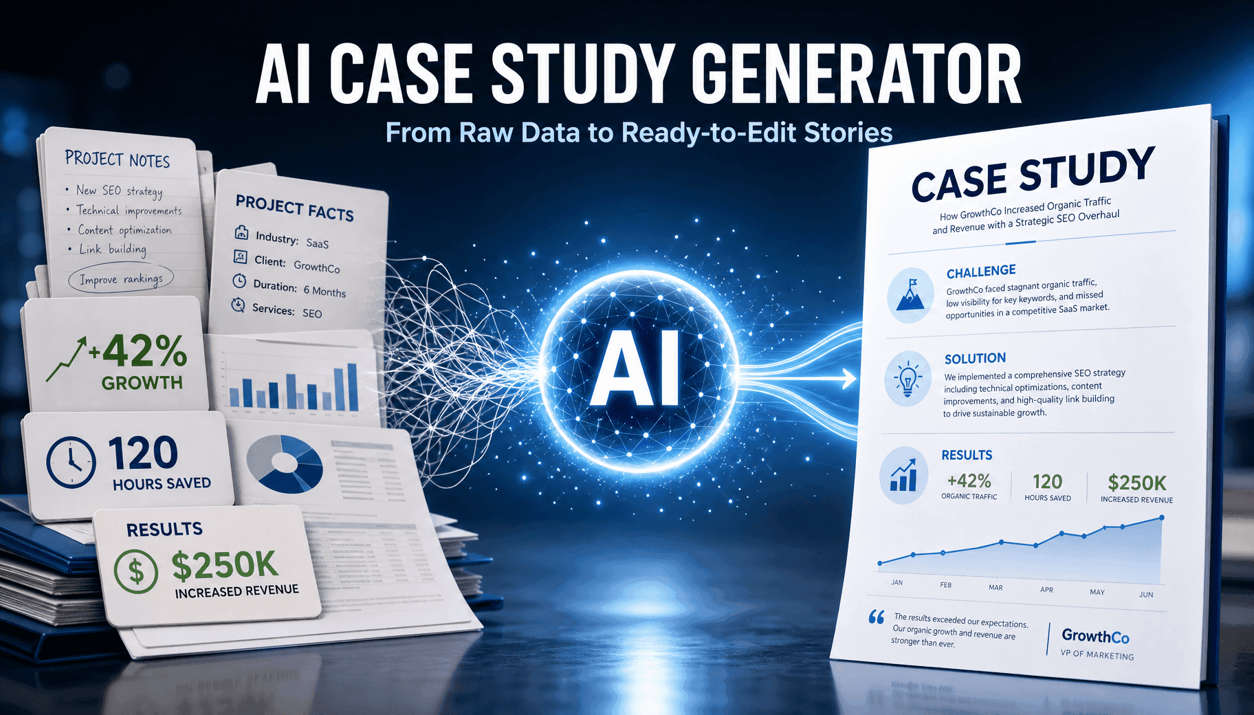 AI Case Study Generator transforming raw data into ready-to-edit stories with business metrics.