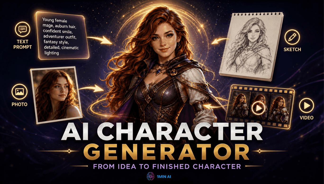 AI character generator interface demonstrating process from text prompt to finished character.