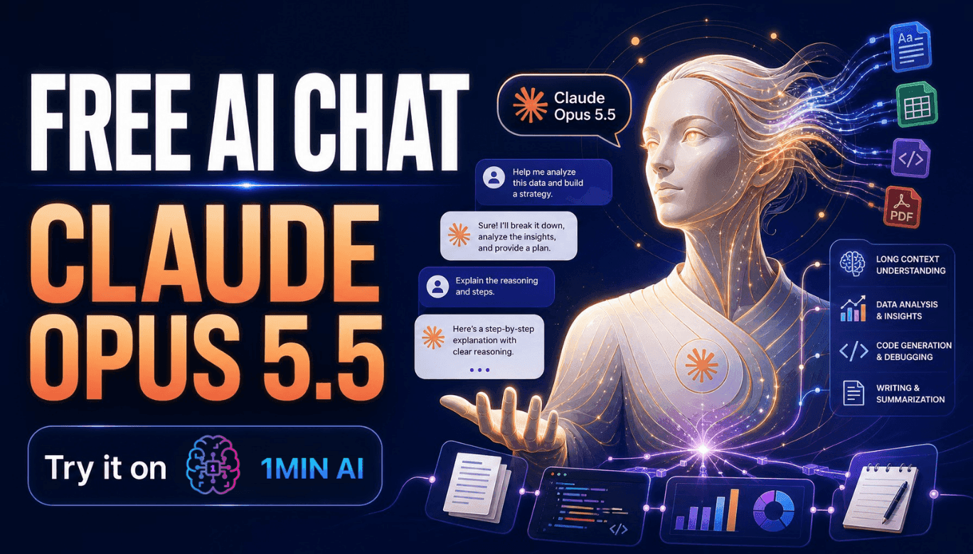 FREE AI CHAT CLAUDE OPUS 5.5 promotional graphic featuring an AI humanoid and its capabilities.