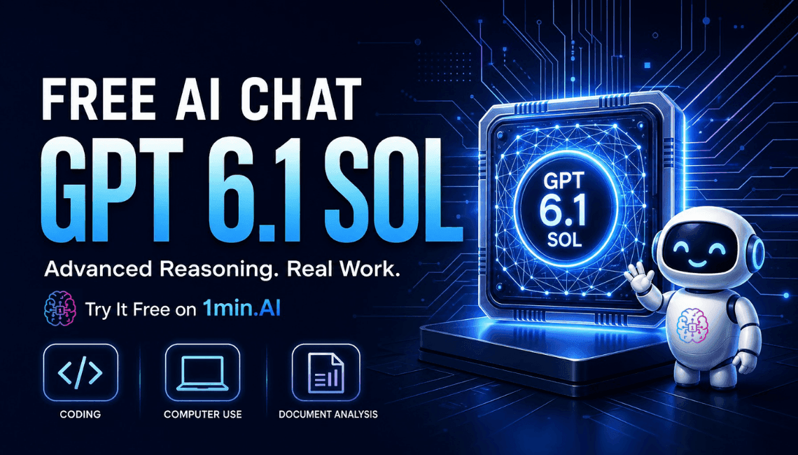 Free AI chat GPT 6.1 SOL with a friendly robot and glowing cube.