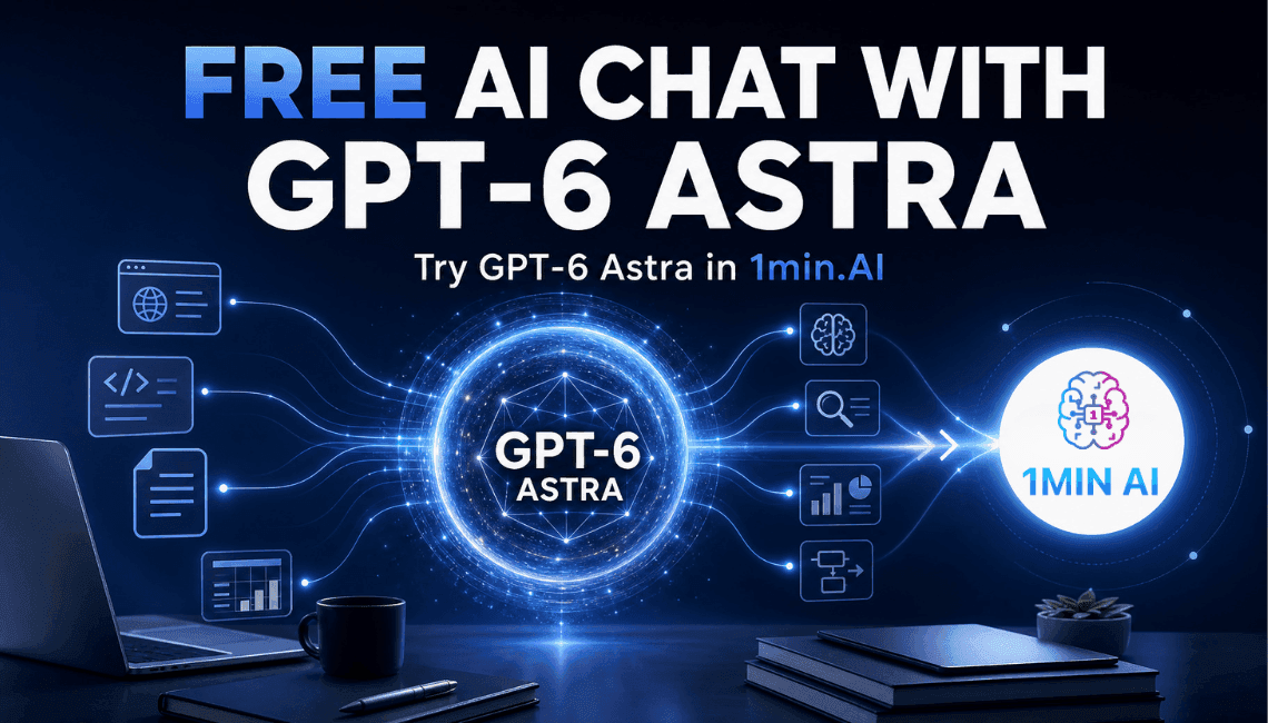 Ad for 'FREE AI CHAT WITH GPT-6 ASTRA' from 1min.AI, featuring a futuristic interface.
