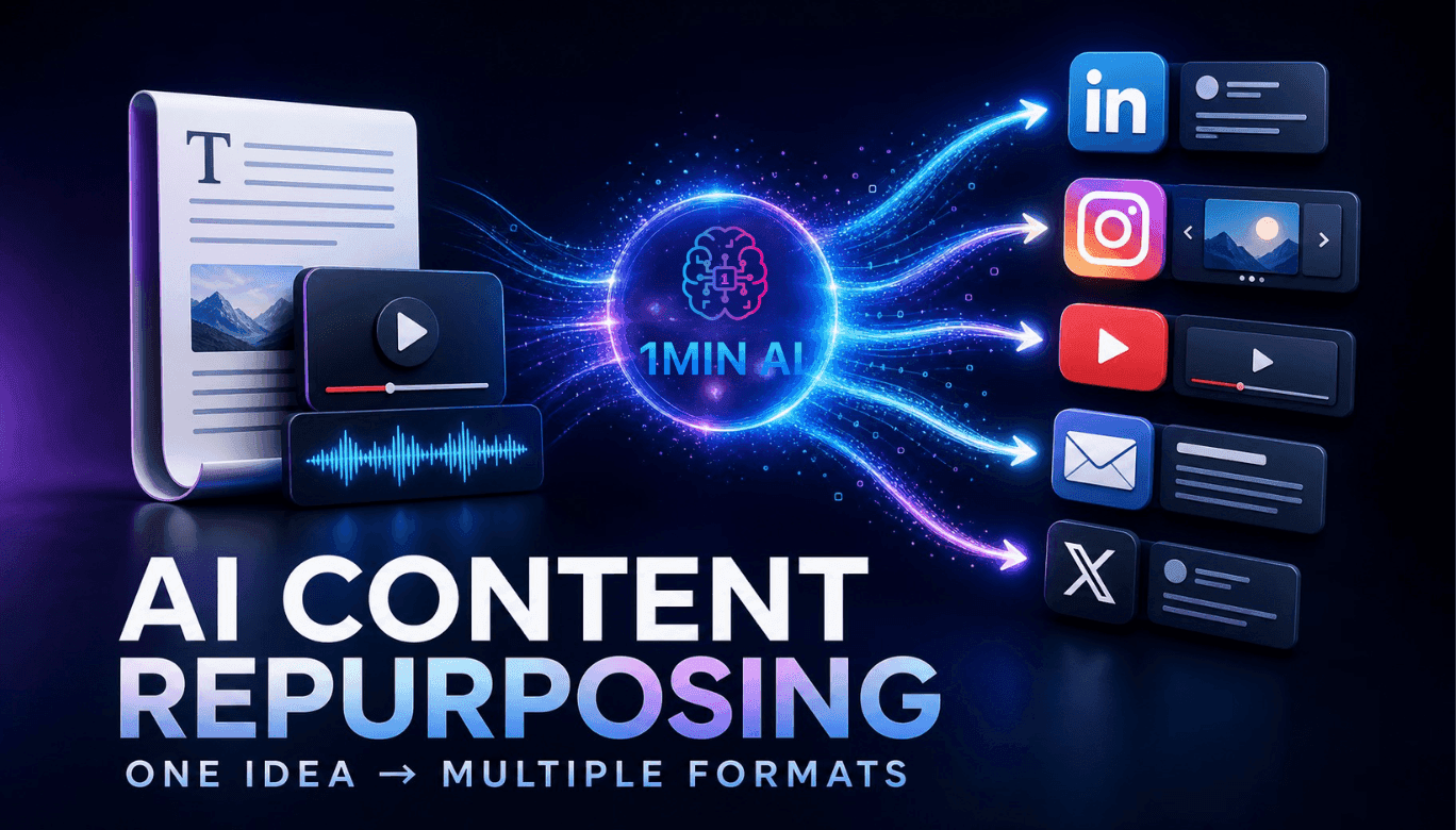 AI brain repurposing content into text, video, audio, and social media formats.