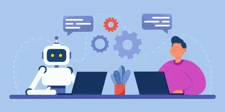 An illustration of a robot and a person interacting with laptops, showing conversation bubbles and gears.