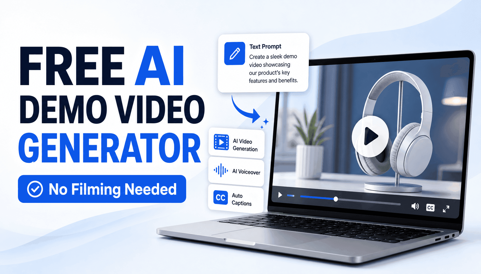 Free AI Demo Video Generator advertisement showing a laptop displaying video features.