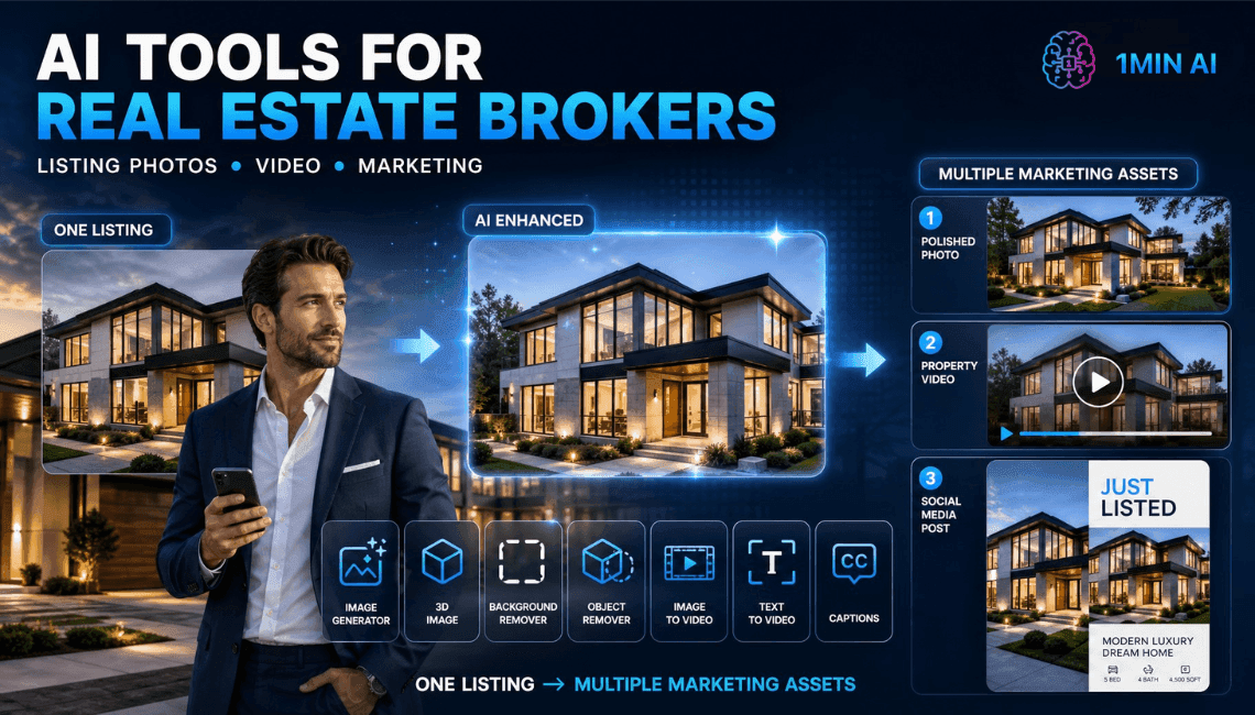 Promotional graphic: AI tools for real estate brokers enhance listings and create marketing assets.