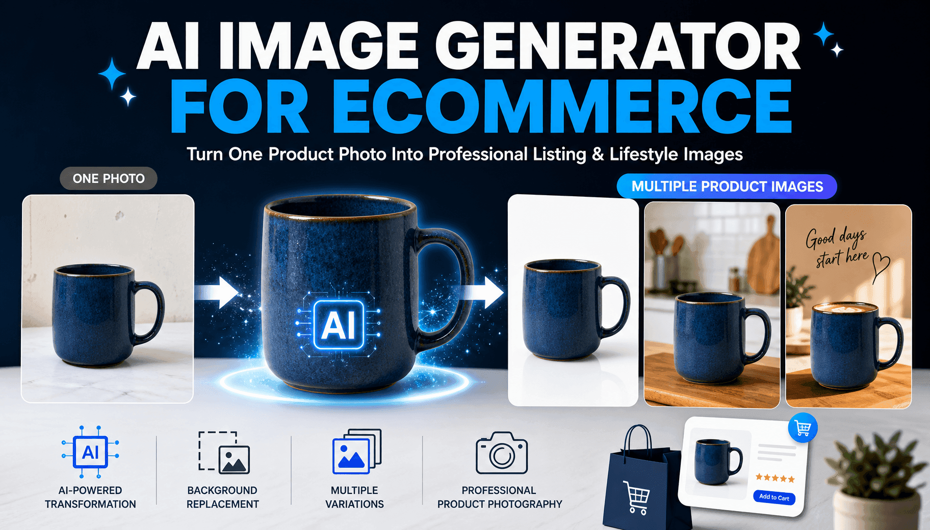 AI image generator for e-commerce, transforming a blue mug into multiple product listing photos.