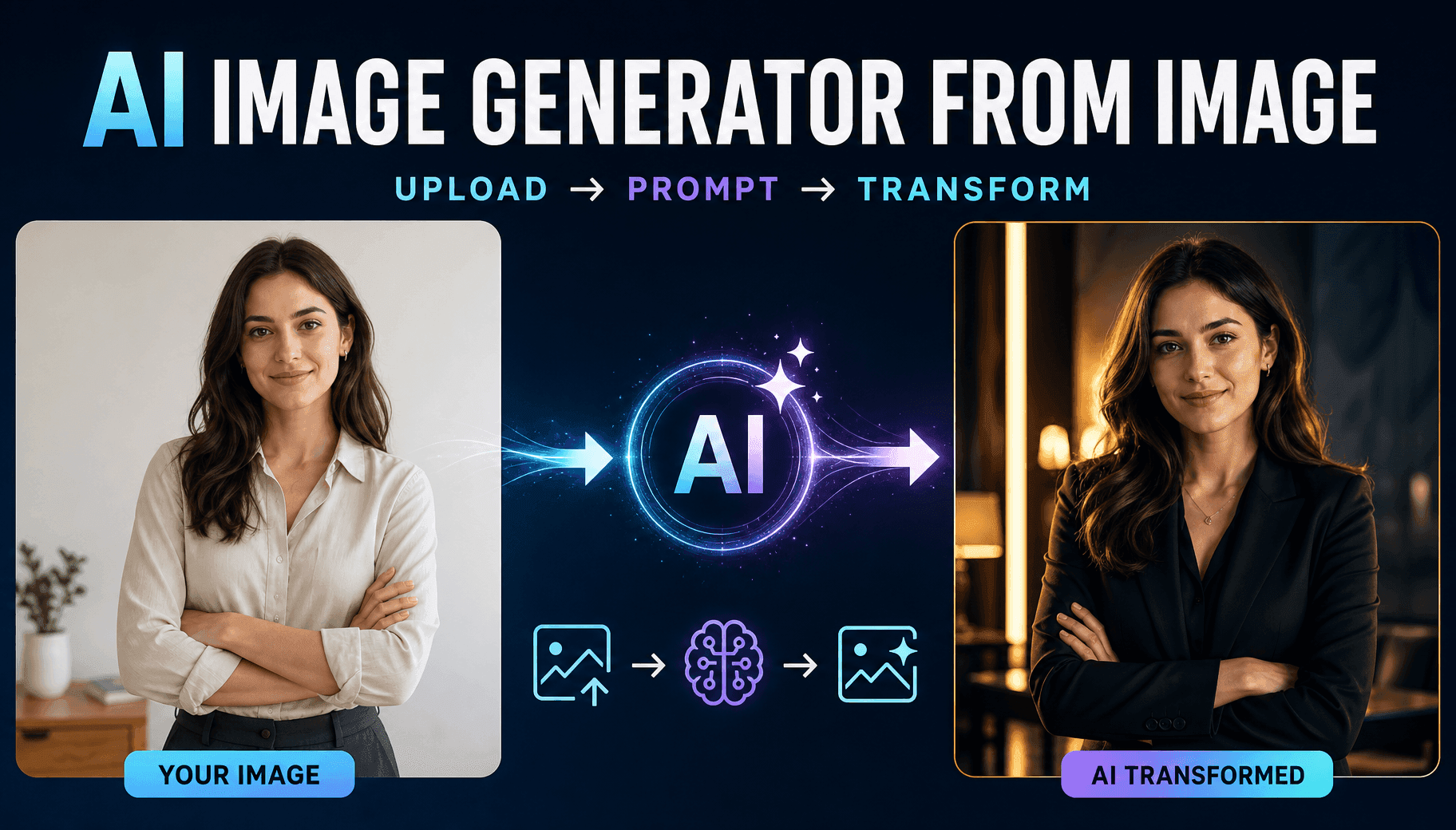 AI image generator transforming a woman's photo from casual to professional.