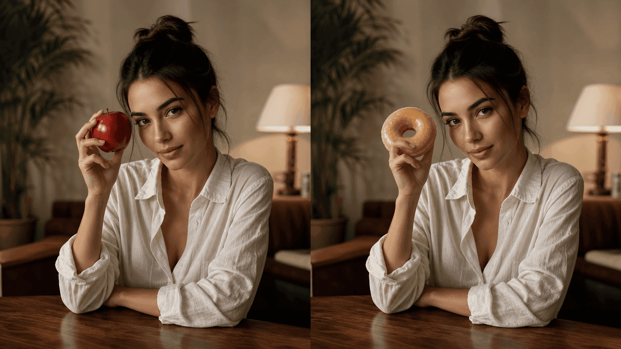 Woman presenting a choice between a red apple and a glazed donut.