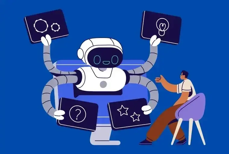 A multi-armed robot on a monitor screen presents ideas to a human user.