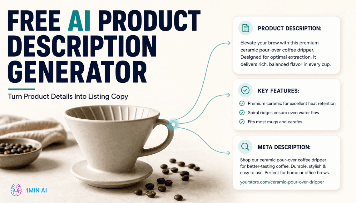Ad for a free AI product description generator, showing a ceramic pour-over coffee dripper.