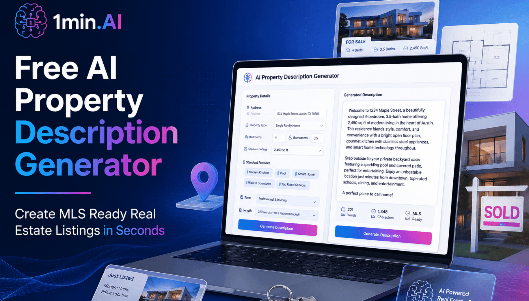 AI property description generator displayed on a laptop, simplifying real estate listings.