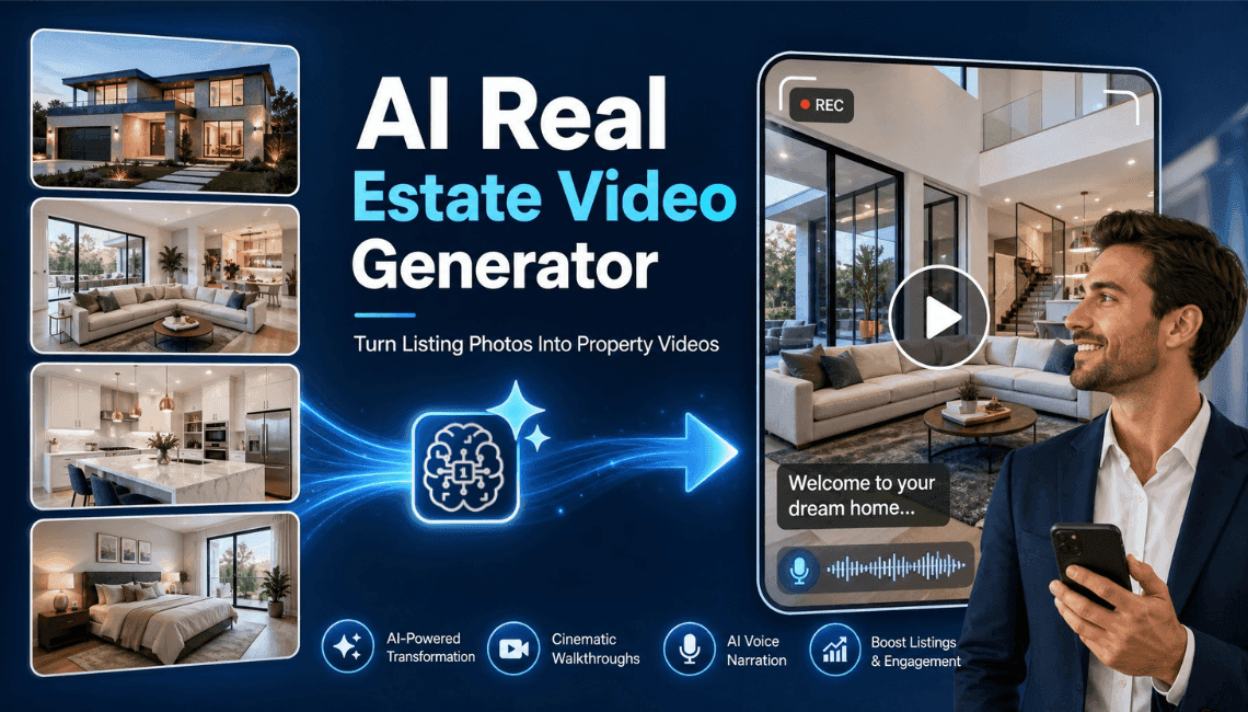 AI Real Estate Video Generator transforming property photos into videos shown on a smartphone.