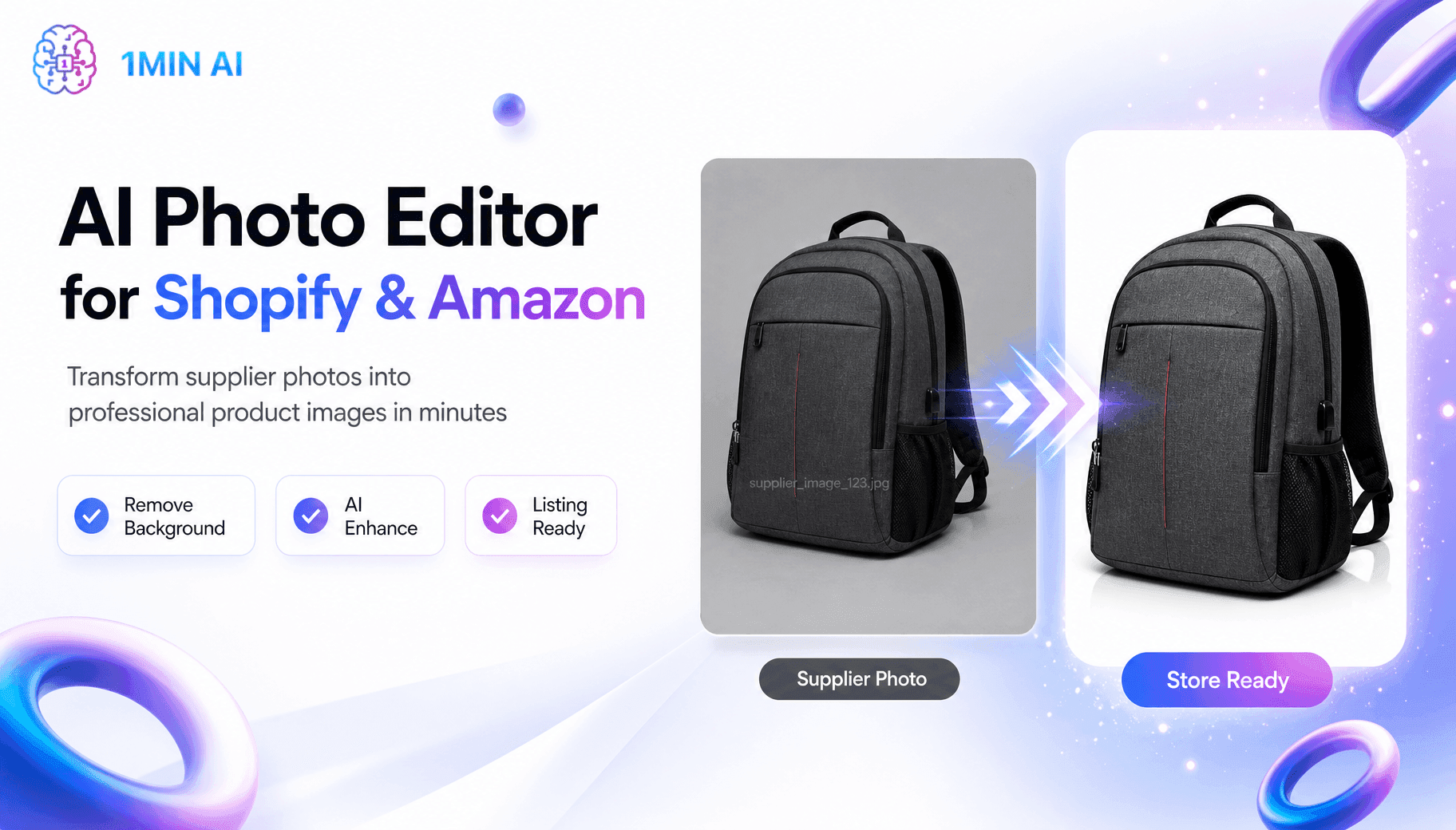 AI Photo Editor for Shopify & Amazon transforming supplier photos into professional product images.