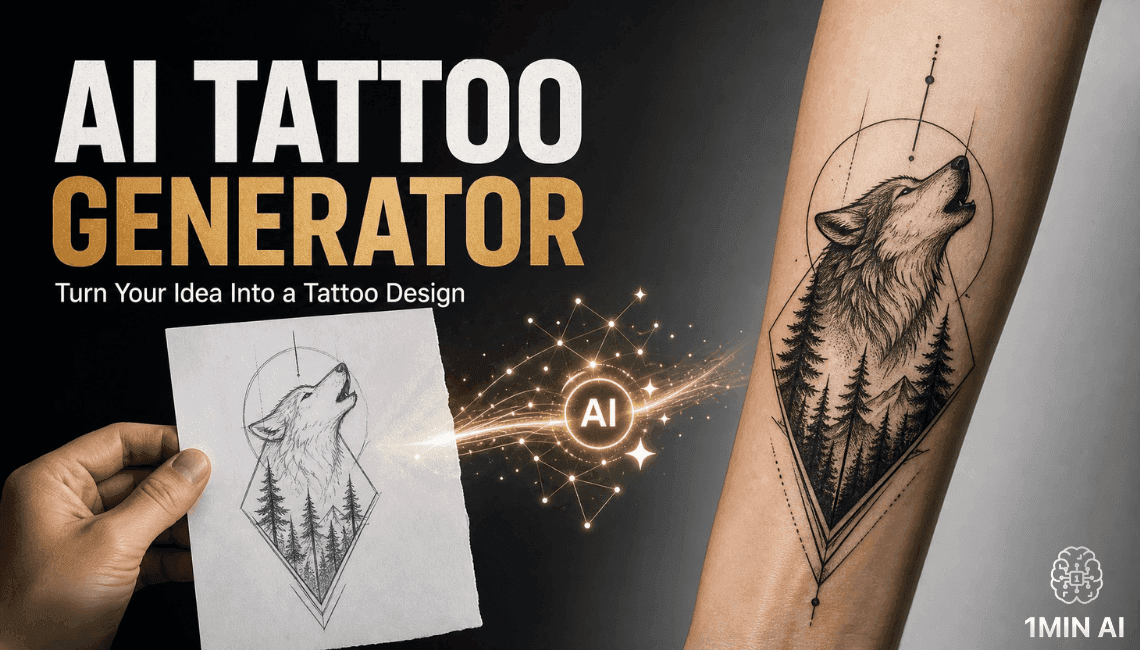 AI Tattoo Generator transforming a wolf sketch into a detailed arm tattoo design.