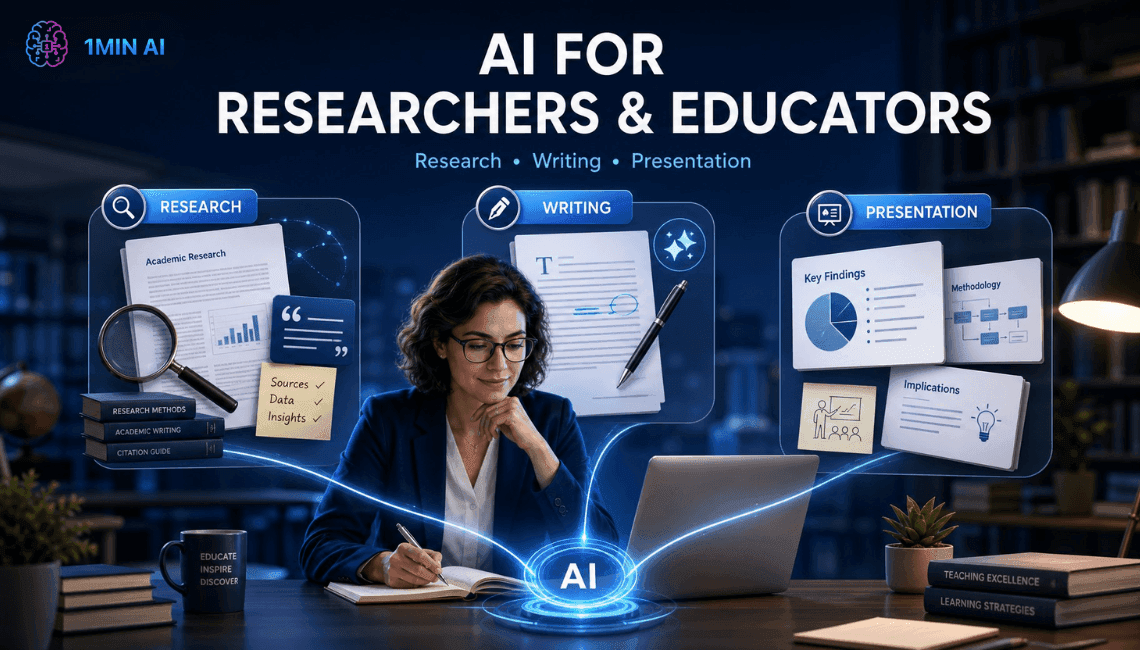 Woman using AI tools for research, writing, and presentations for educators.