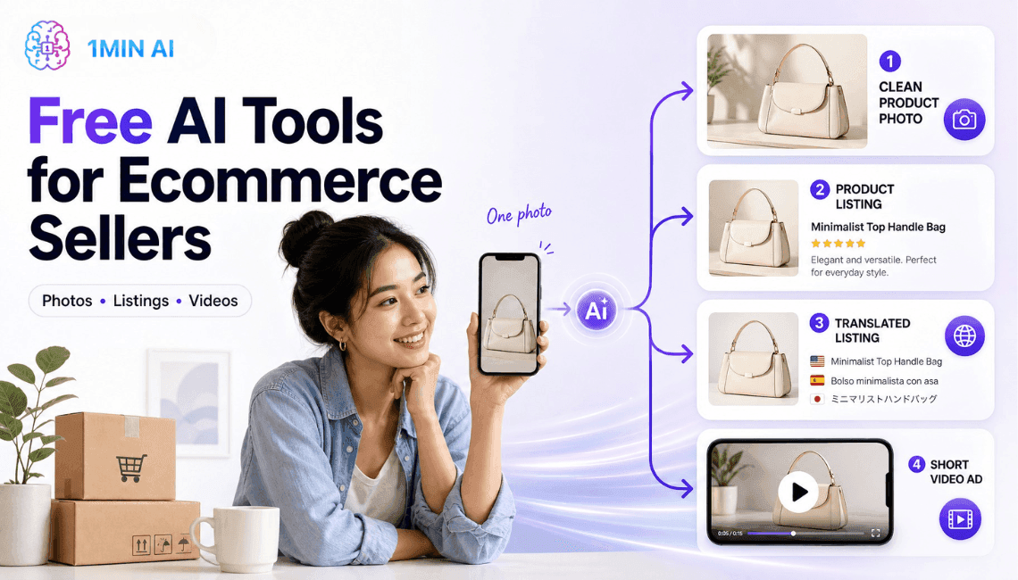 AI e-commerce tools showing product photo transformation into listings, translated listings, and video ads.