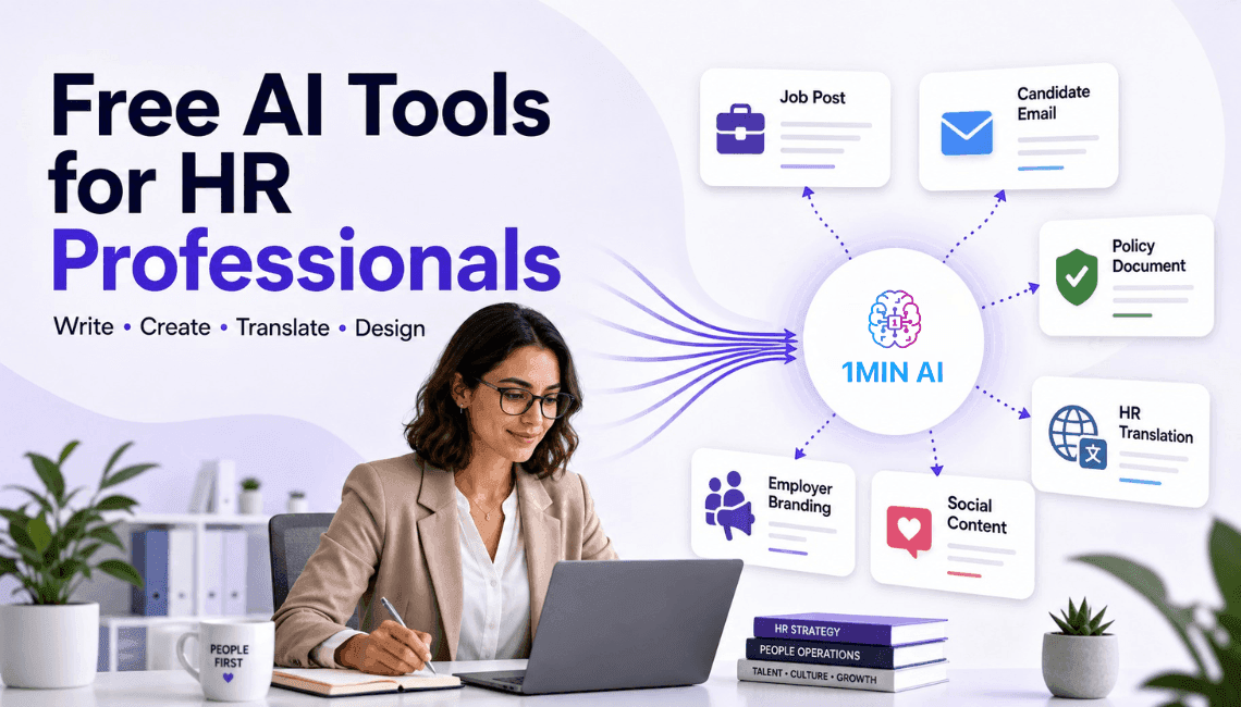 Free AI Tools for HR Professionals, showing a woman working with AI applications.
