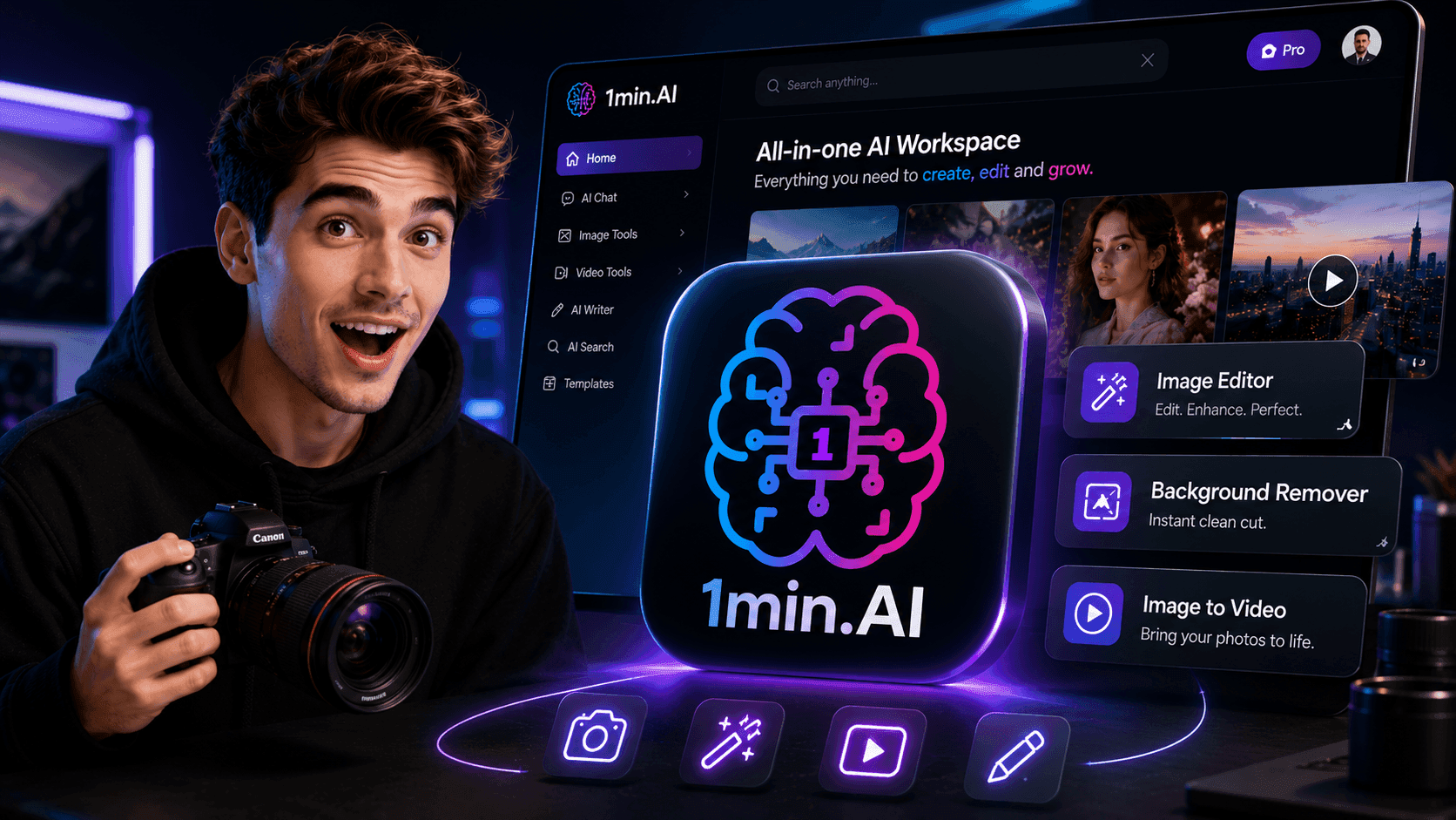 Excited man with camera showcasing 1min.AI app and its creative editing tools on a tablet.