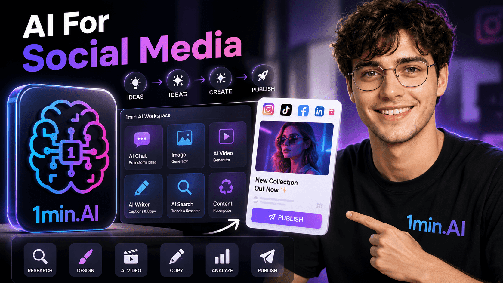 Young man demonstrates "1min.AI" social media tools for ideas, creation, and publishing.
