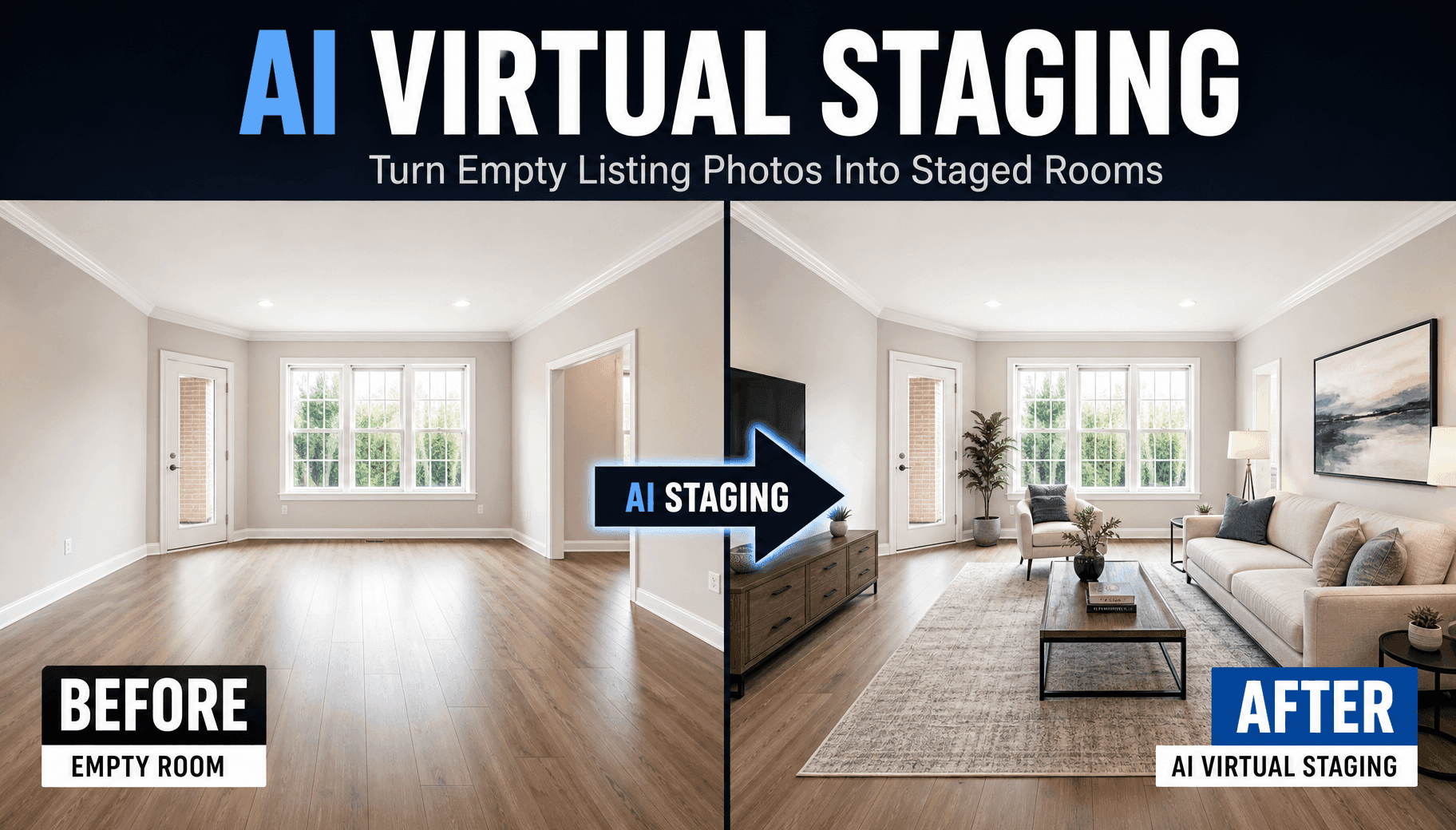Before and after comparison of an empty room transformed by AI virtual staging.