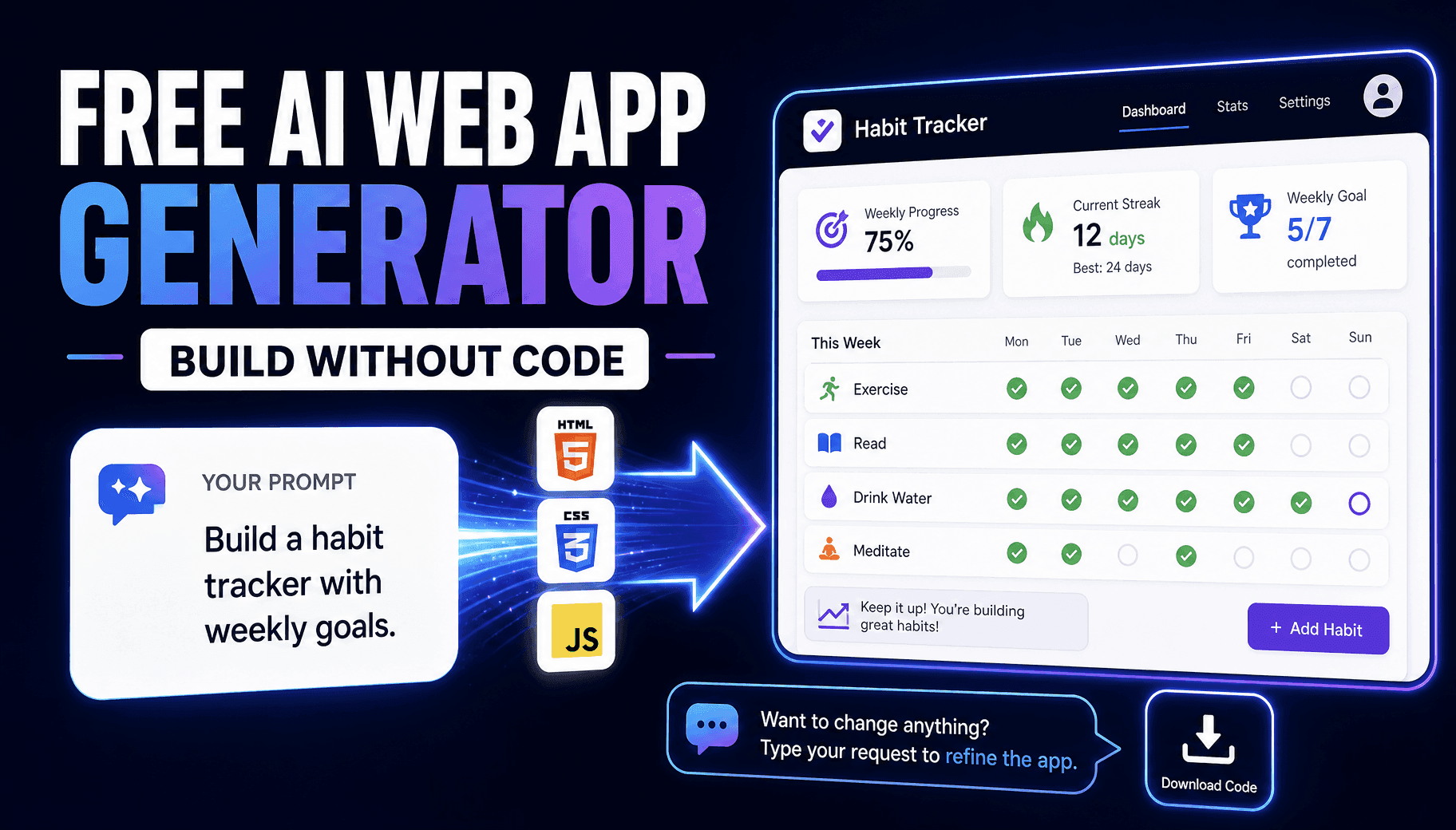 AI web app generator displays a user prompt creating a habit tracker with weekly goals.