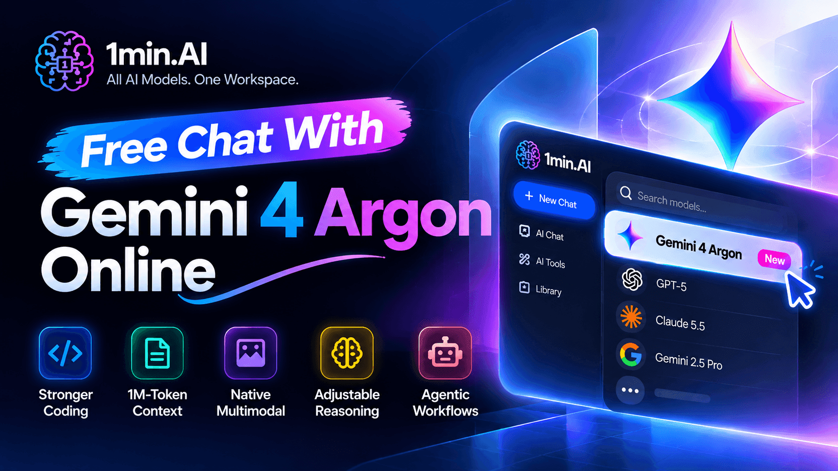 Gemini 4 Argon free online chat on 1min.AI, highlighting advanced coding, 1M-token context, multimodal understanding, and AI reasoning capabilities.