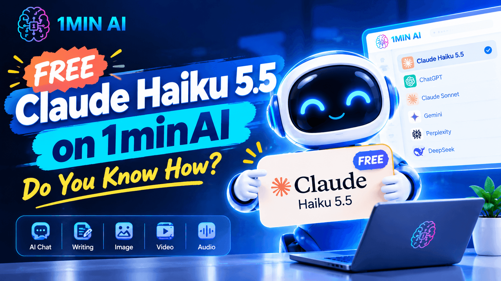 A blue robot promotes free Claude Haiku 5.5 on the 1MIN AI platform.