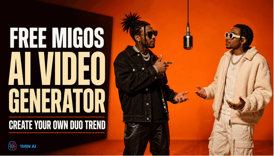 Promotional image: 'FREE MIGOS AI VIDEO GENERATOR' with two men and a microphone.