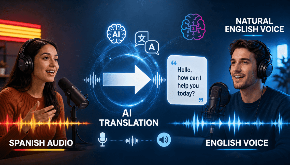 AI translation system converting a woman's Spanish audio to a man's natural English voice.