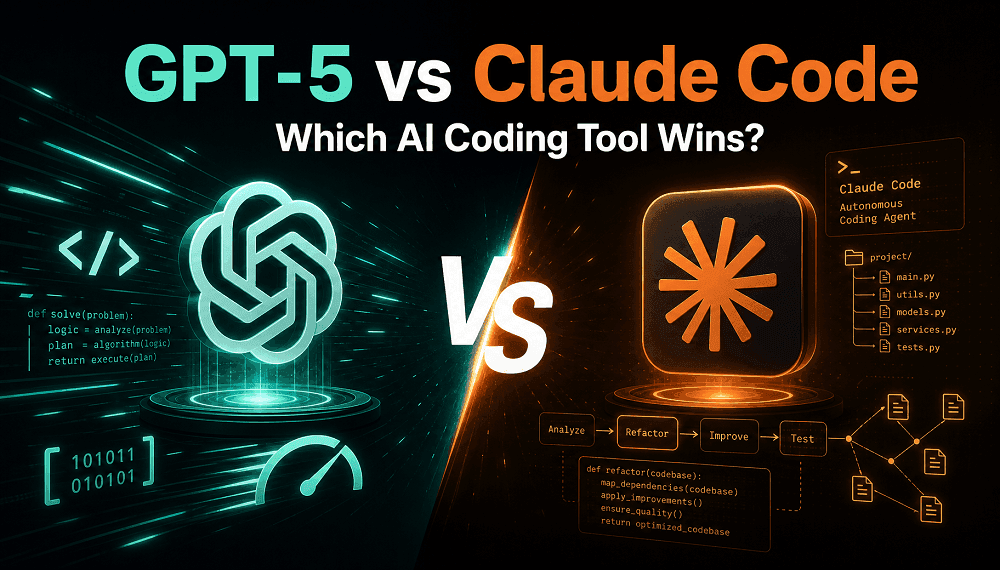 Visual comparison of GPT-5 and Claude Code, evaluating which AI coding tool wins.