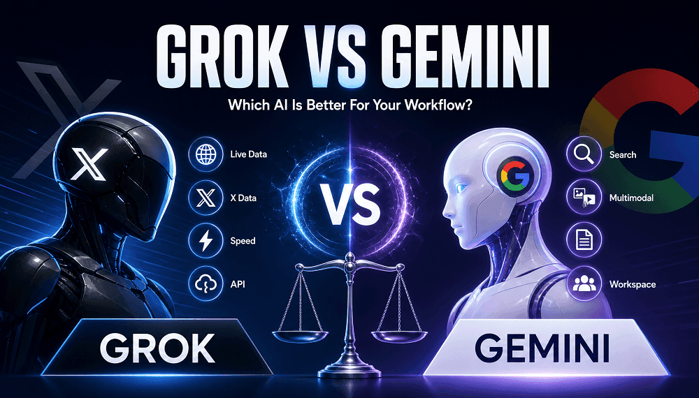 Grok vs Gemini AI comparison, featuring robots and listed features for workflow.