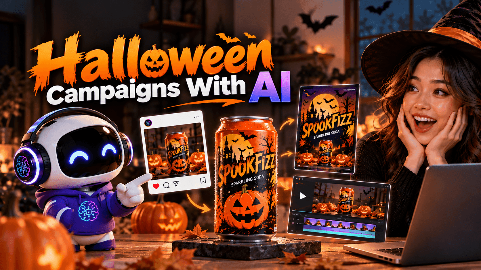 Woman and robot display Halloween AI campaign content for 'Spook Fizz' with pumpkins.