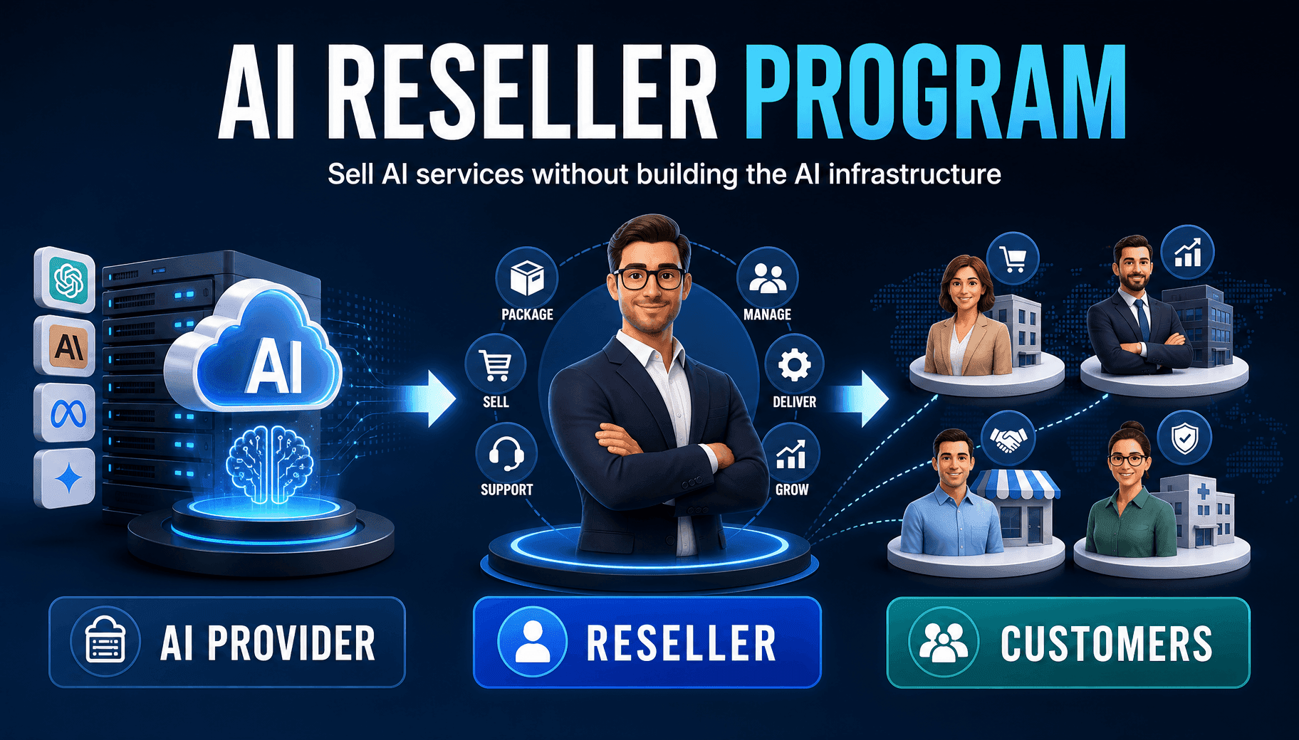 Diagram detailing an AI Reseller Program, enabling selling AI services without building infrastructure.