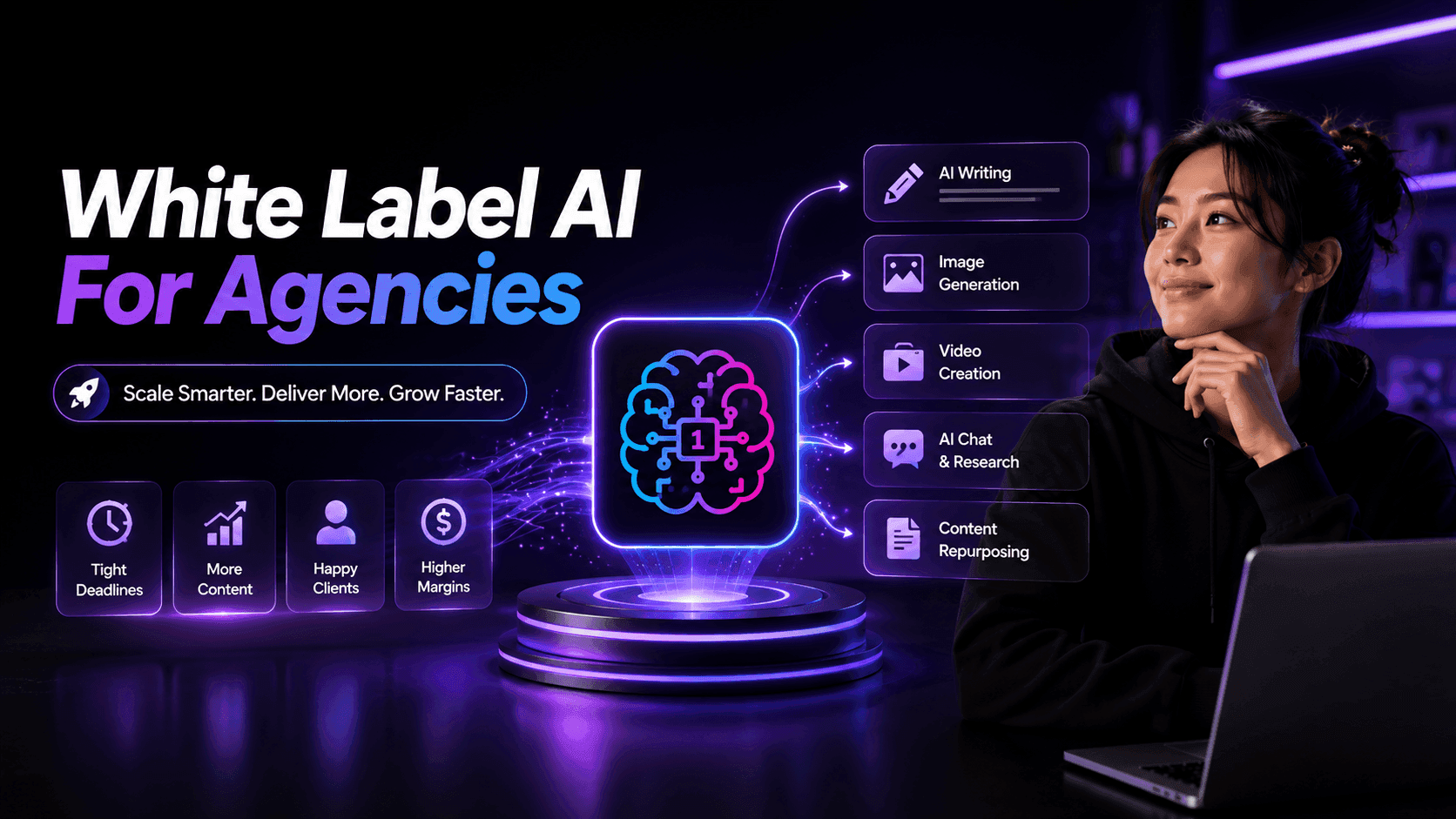 Woman working on laptop with 'White Label AI For Agencies' promotional text and service icons.