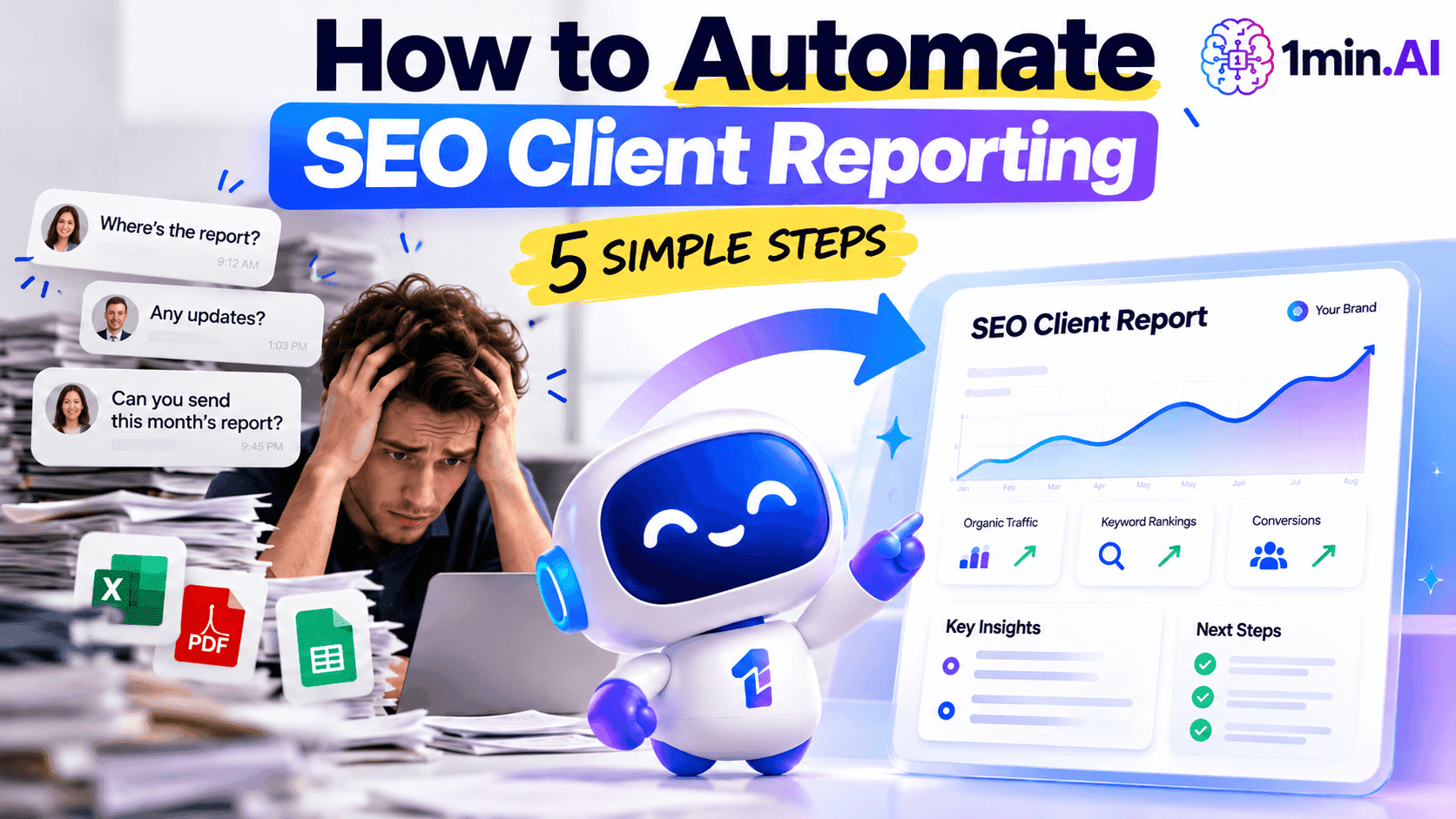 Robot automates SEO client reporting for a stressed person drowning in paperwork.