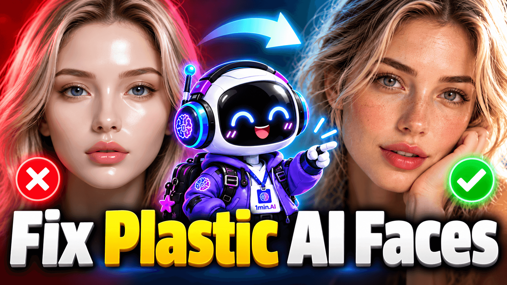 Image titled "Fix Plastic AI Faces," showing a robot transforming an artificial face to natural.