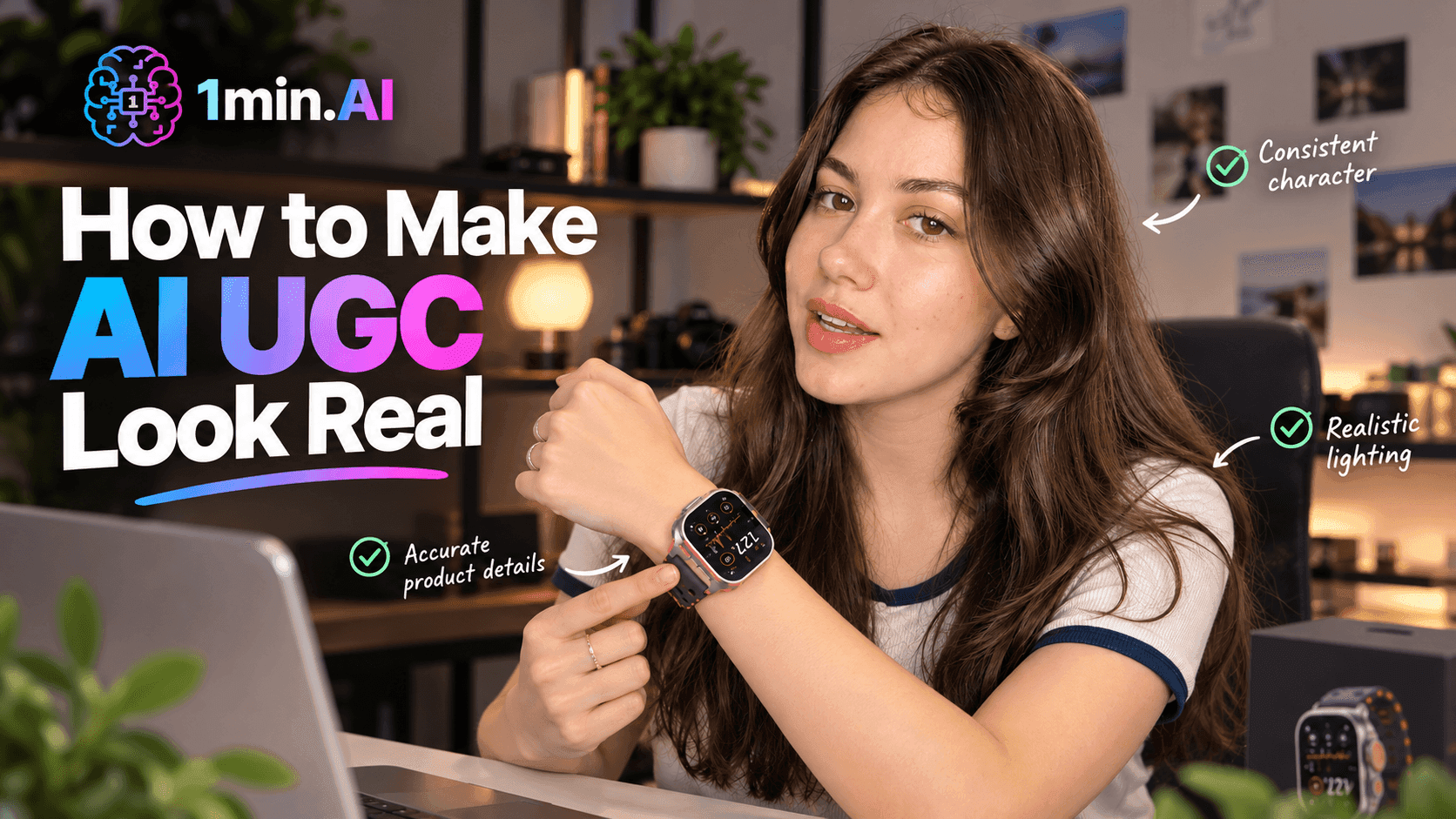 A woman points to a smartwatch on her wrist, promoting a video on making AI UGC look real.