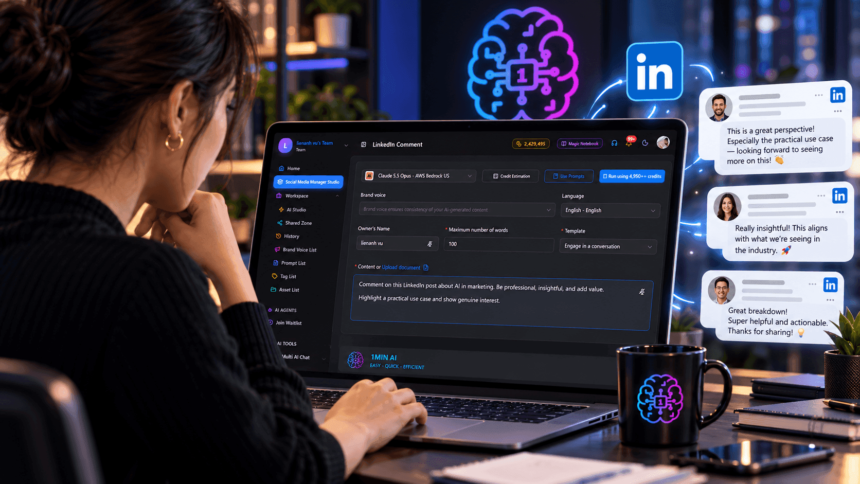 A woman uses an AI content generation tool on a laptop, with LinkedIn posts nearby.
