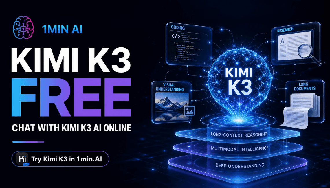 KIMI K3 FREE AI banner with a glowing orb illustrating long-context reasoning and multimodal intelligence.