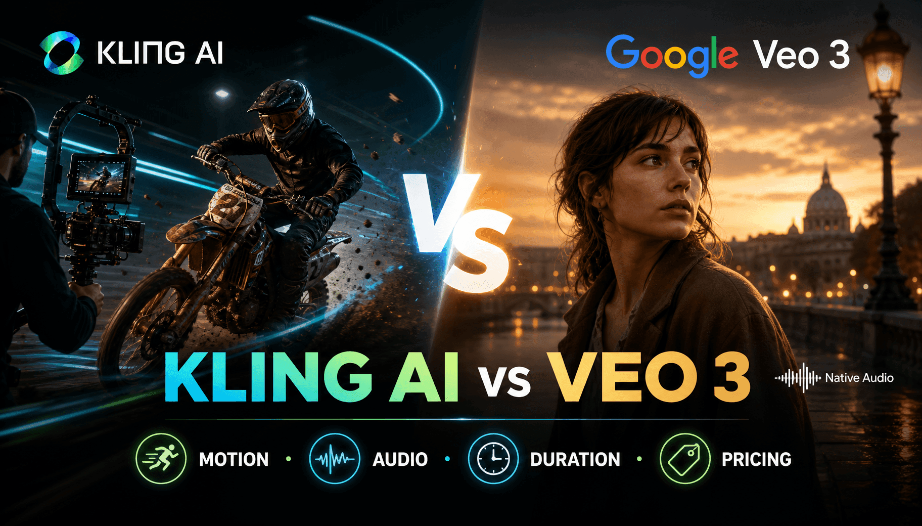 Comparison graphic of Kling AI versus Google Veo 3, highlighting motion, audio, duration, and pricing.