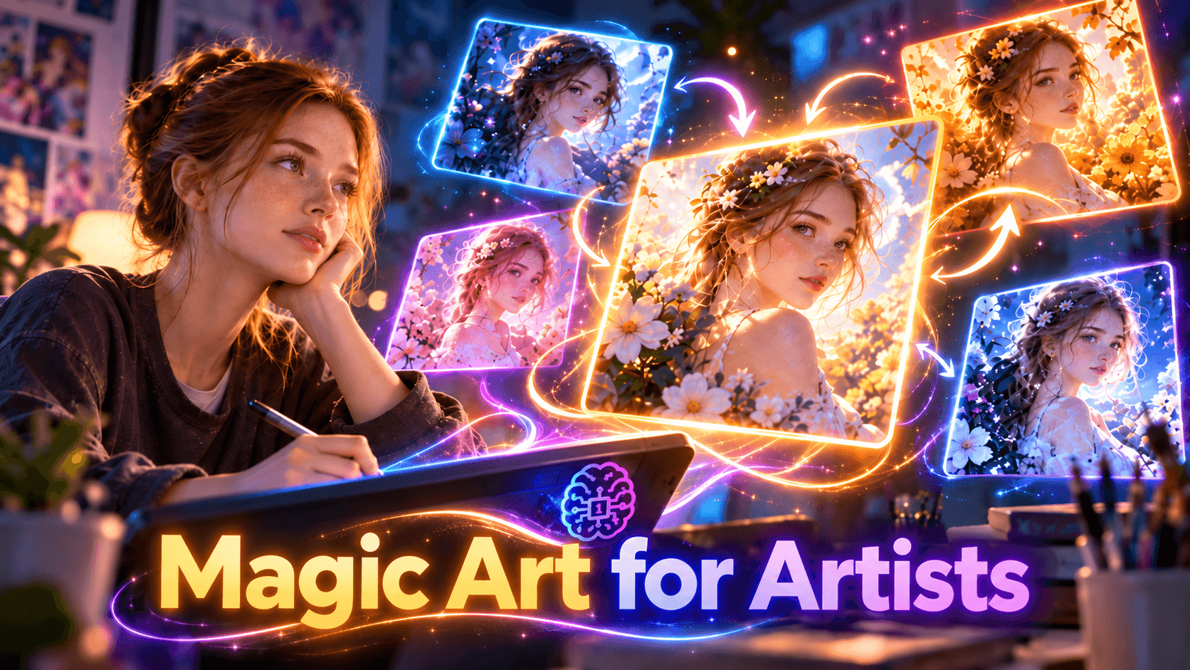 Artist uses digital tablet, surrounded by glowing AI art iterations with 'Magic Art for Artists'.