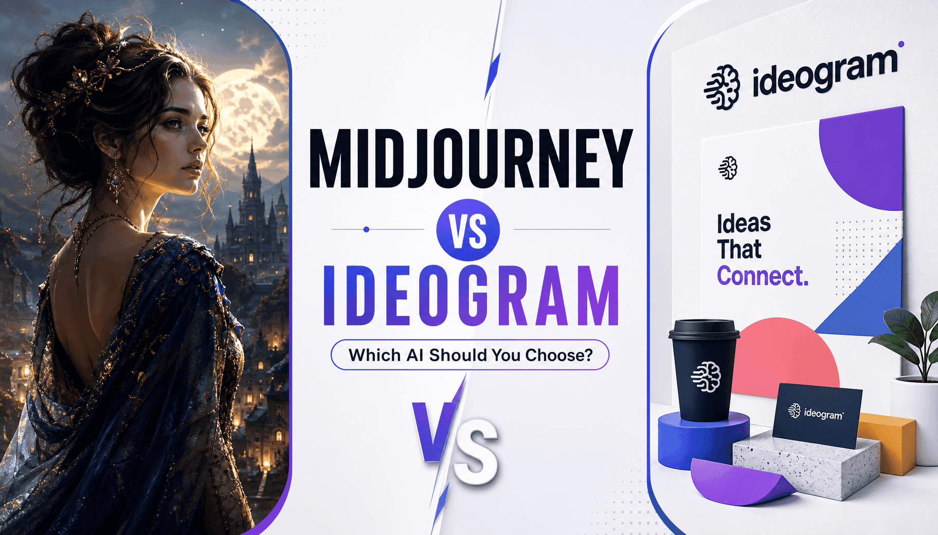 Comparison graphic of Midjourney vs. Ideogram AI, showing a fantasy woman and modern branding.