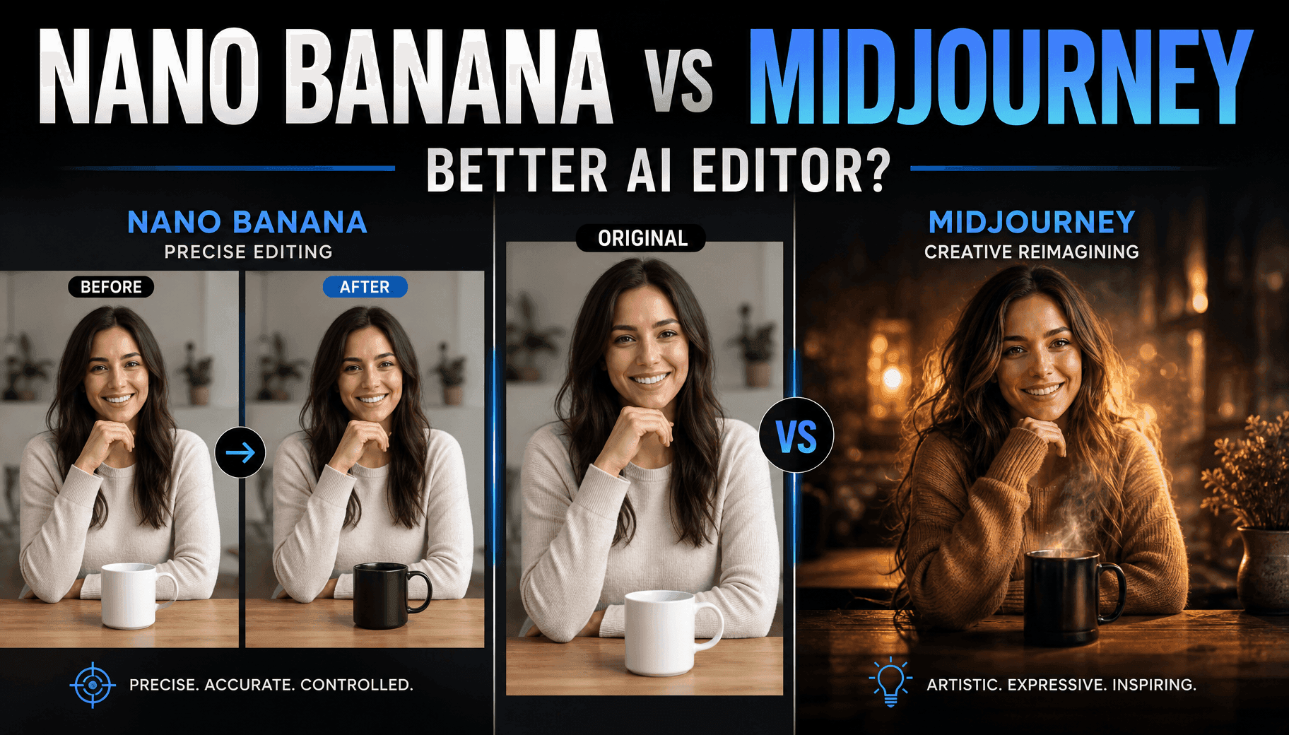 AI editor comparison: Nano Banana for precise edits, Midjourney for creative reimagining of a portrait.