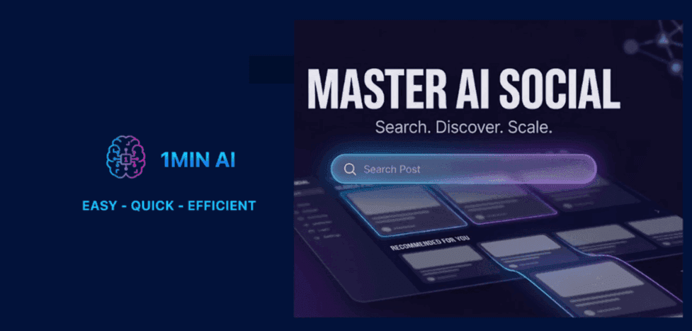 1MIN AI logo and a digital interface for the 'MASTER AI SOCIAL' platform.