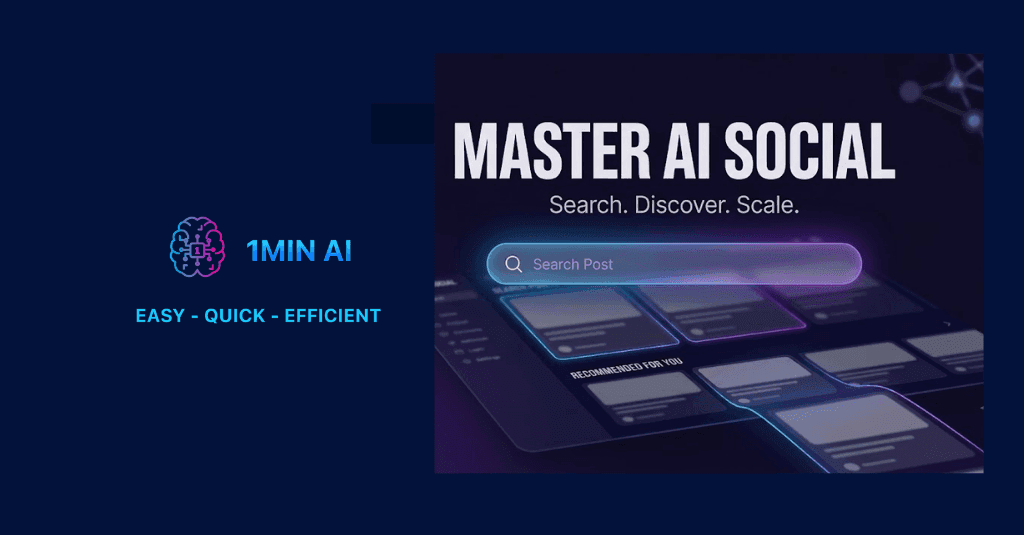 1MIN AI logo next to a screen promoting 'MASTER AI SOCIAL' with a search bar.