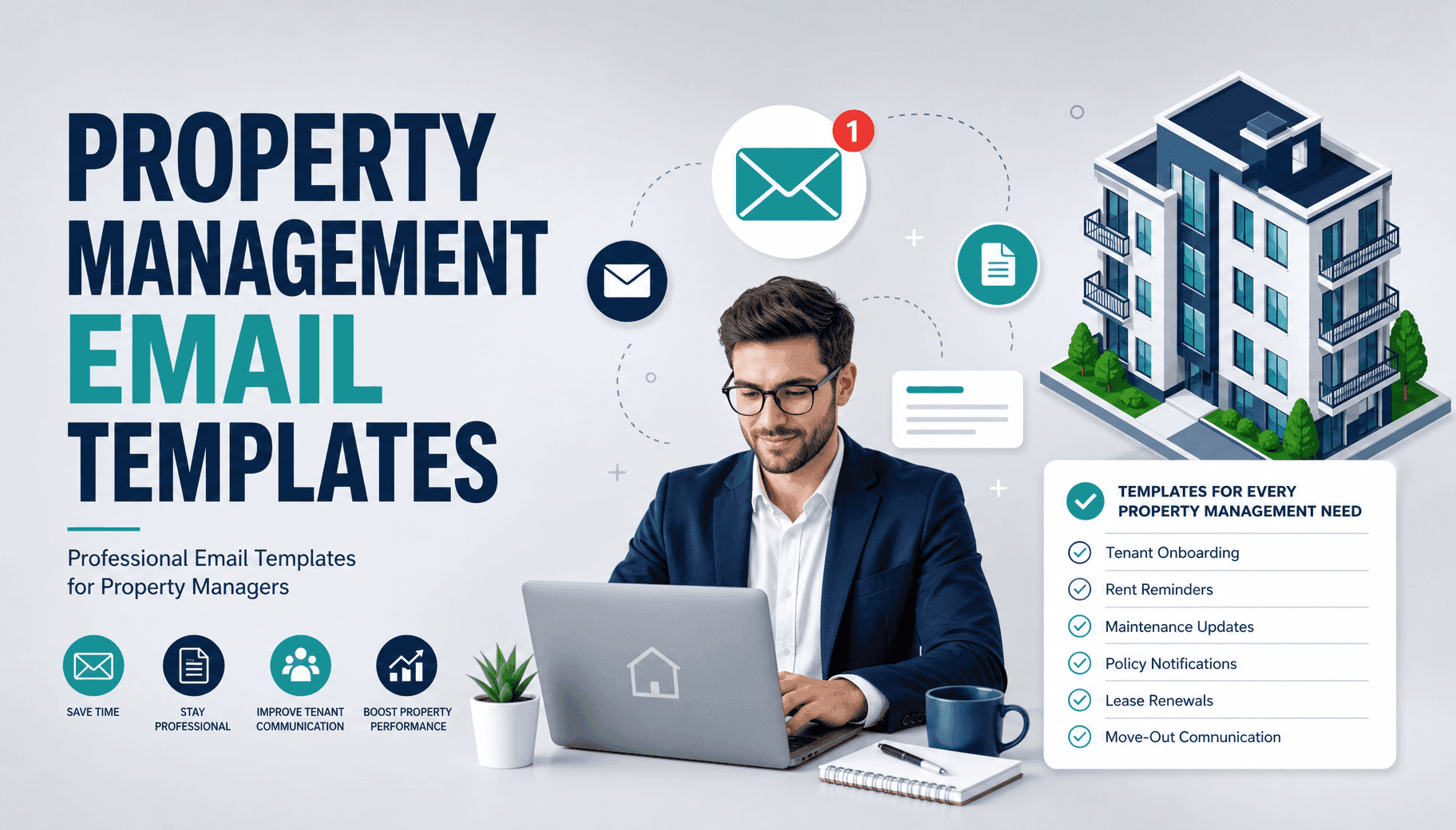 Promotional banner for Property Management Email Templates featuring a man on a laptop and building icon.