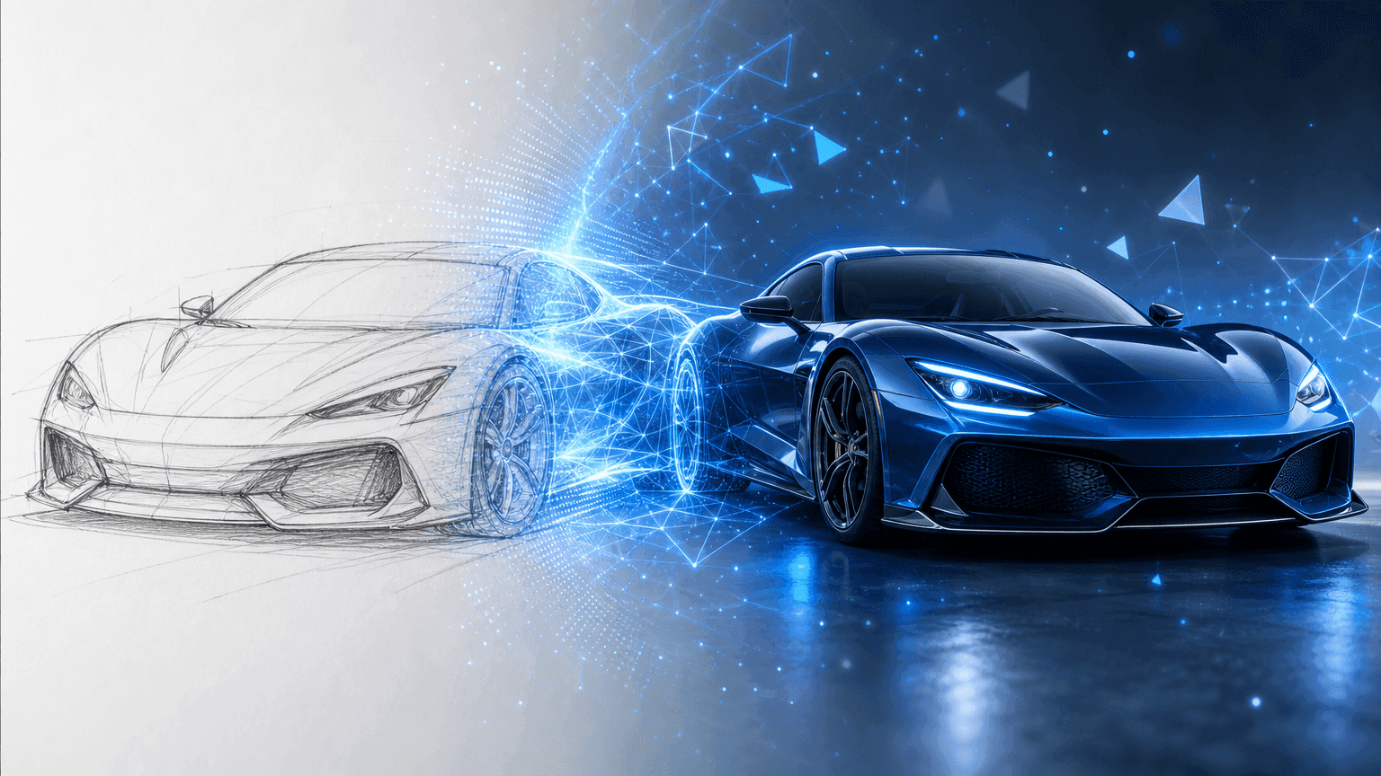 Sports car concept drawing transforming into a sleek blue finished vehicle with digital light effects.