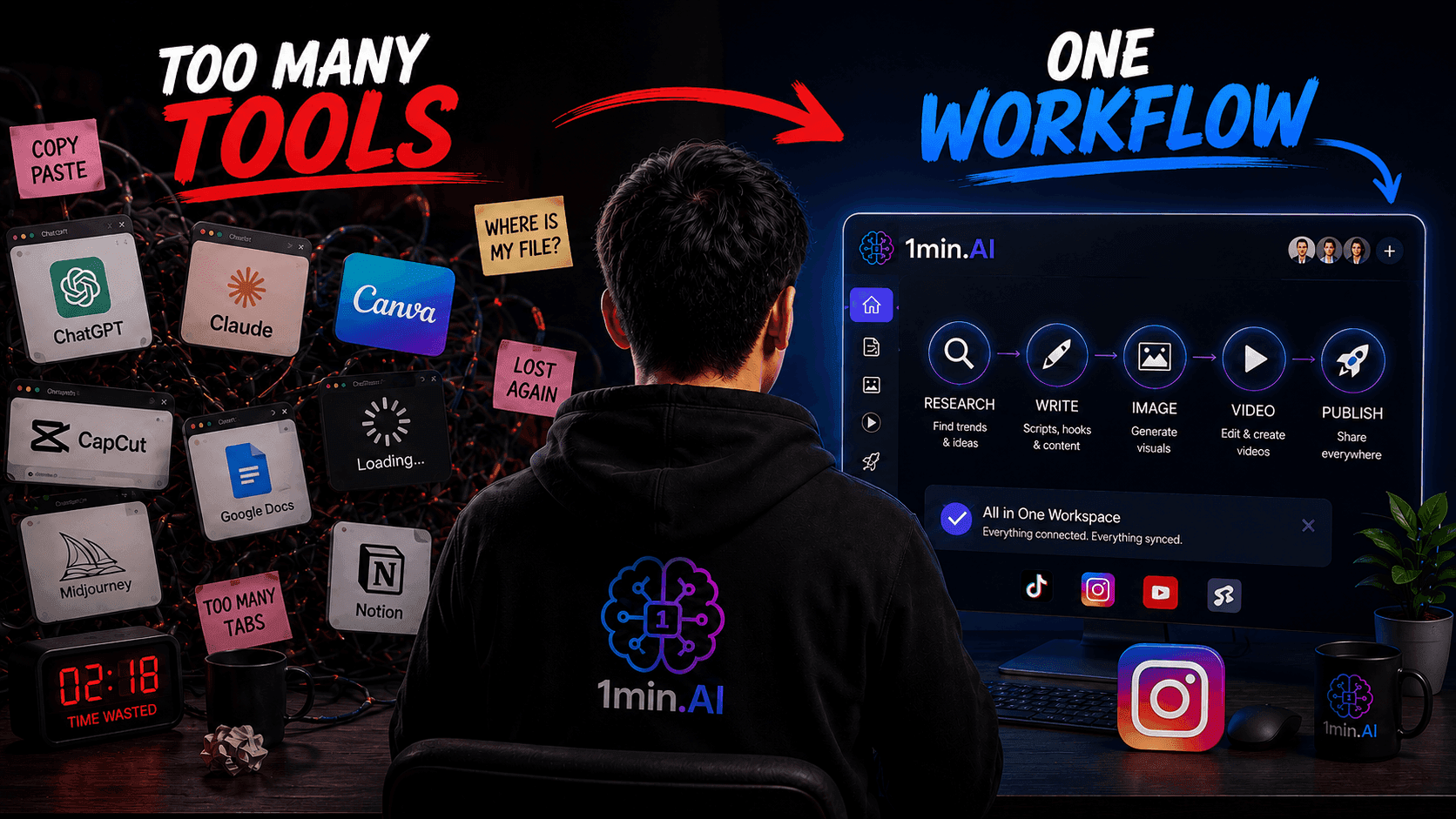 Person compares many scattered apps to one unified 1min.ai workflow on a screen.